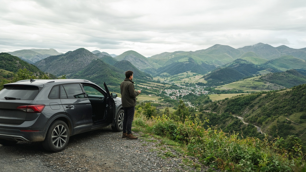 Viajero con un smartphone junto a un coche en un mirador de montaña en los Balcanes
