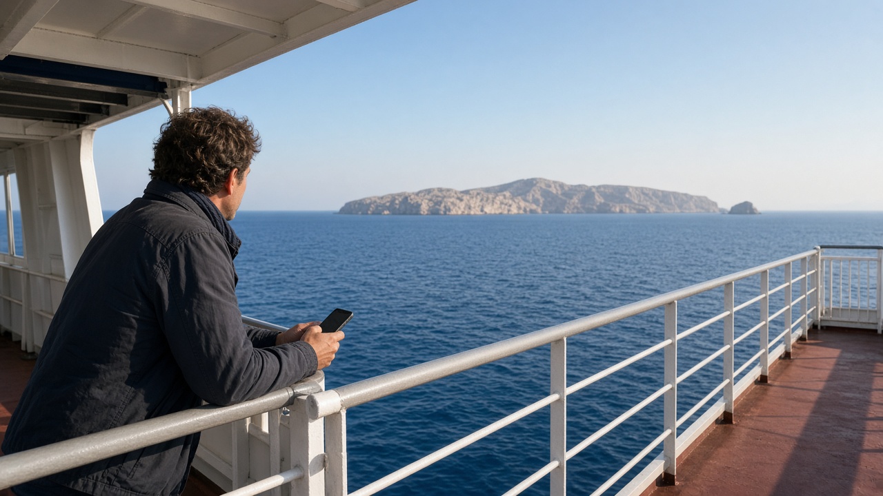 Viajero con un smartphone en la barandilla de un ferri entre islas griegas