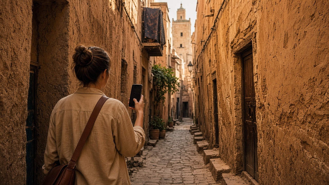 Persona con un smartphone en un callejón estrecho de una medina marroquí