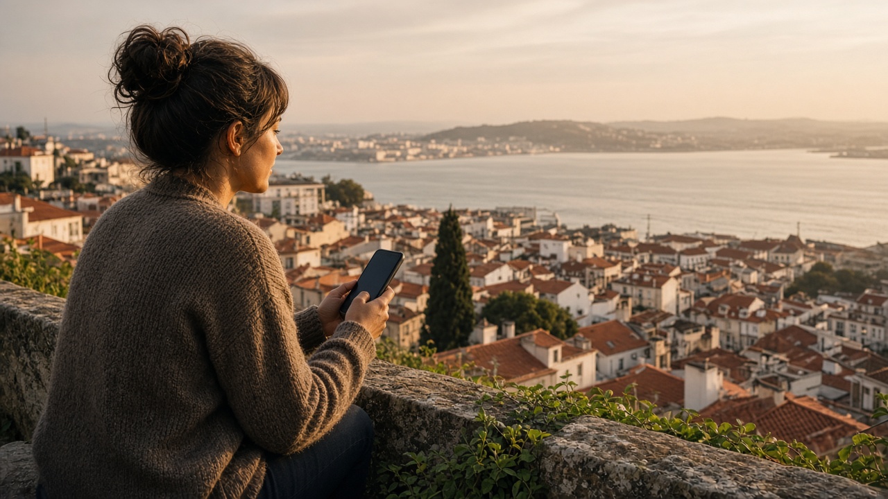 Persona con un smartphone en un mirador sobre los tejados y el río en Lisboa