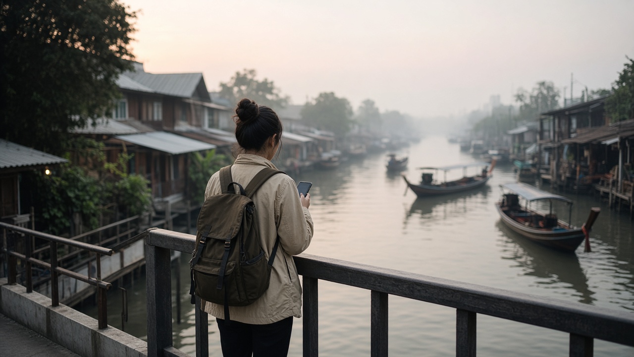 Persona con un smartphone en un puente sobre un canal con lanchas de cola larga en Tailandia