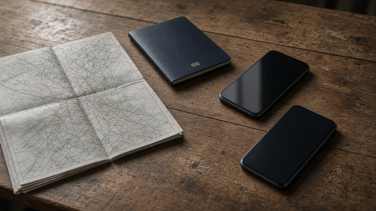 Dos smartphones, un pasaporte cerrado y un mapa de papel sobre una mesa de madera