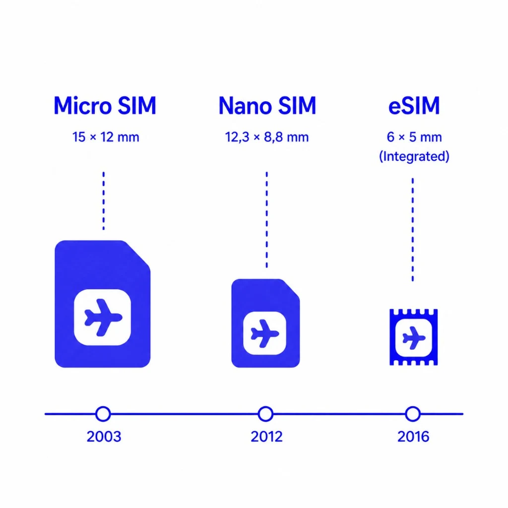 อินโฟกราฟิกแสดงวิวัฒนาการของซิมการ์ด: Micro SIM (2003), Nano SIM (2012) และ eSIM แบบฝัง (2016)