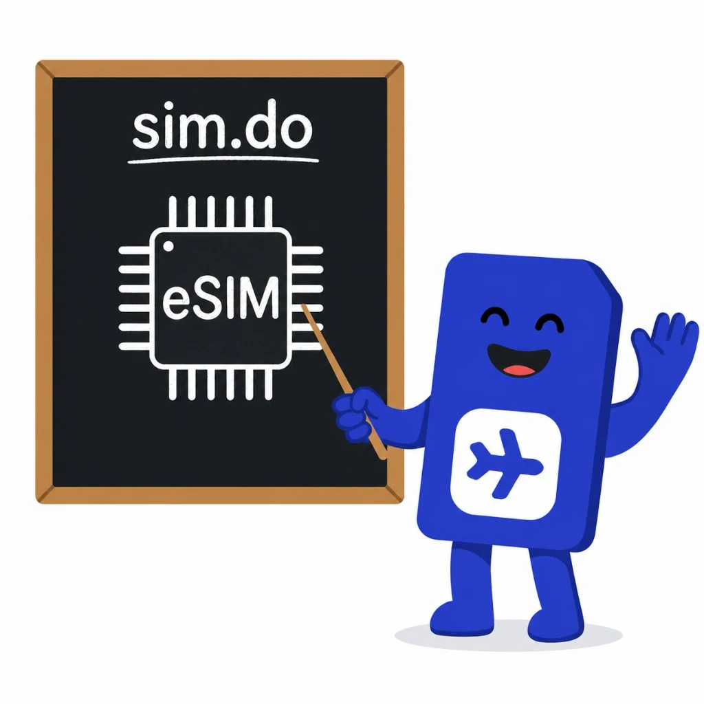 Ilustração: Uma mascote de cartão SIM azul explica num quadro o que é um eSIM com o logótipo da sim.do e um desenho de um chip eSIM.