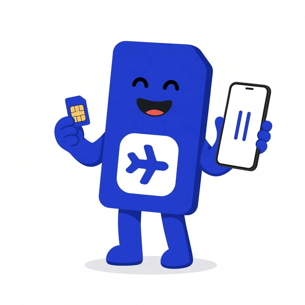 sim.do mascot holds a small plastic SIM and a phone with two lines.