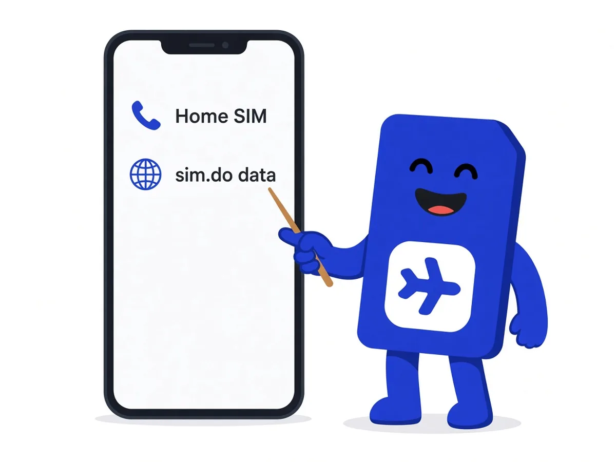 sim.do mascot points at a phone with a call line and a data line.