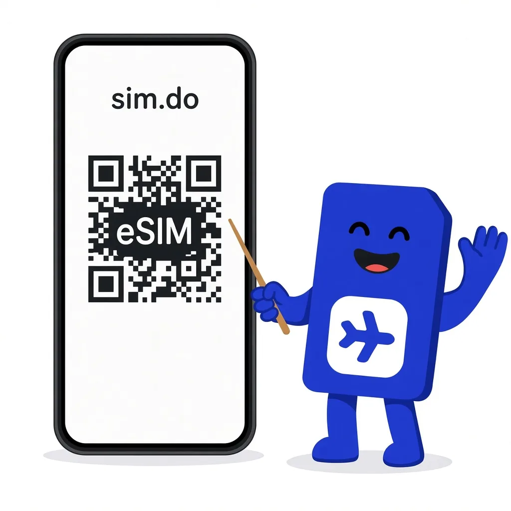 Blue sim.do mascot stands next to a smartphone with a QR code and shows how an eSIM is installed.