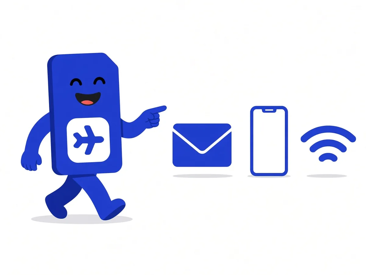 sim.do mascot goes through the steps of letter, smartphone, and Wi-Fi to install an eSIM.