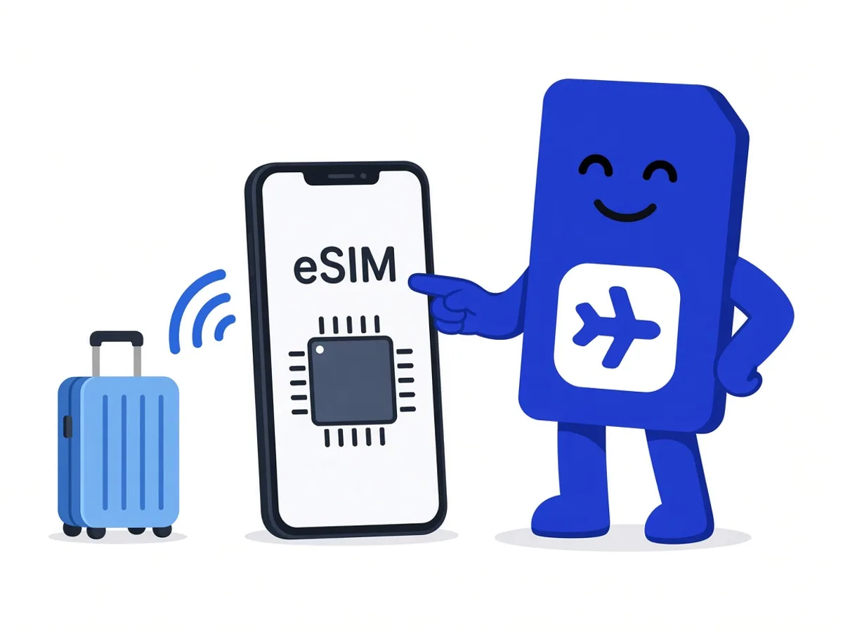 sim.do mascot installs the eSIM at home over Wi-Fi, with the suitcase already ready.