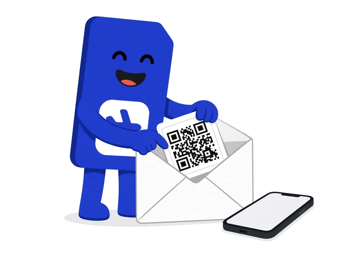 sim.do mascot opens an envelope with a QR card next to a smartphone.