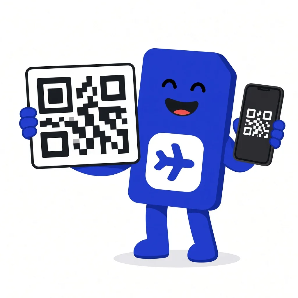 sim.do mascot holds a QR card and a smartphone, ready to install.