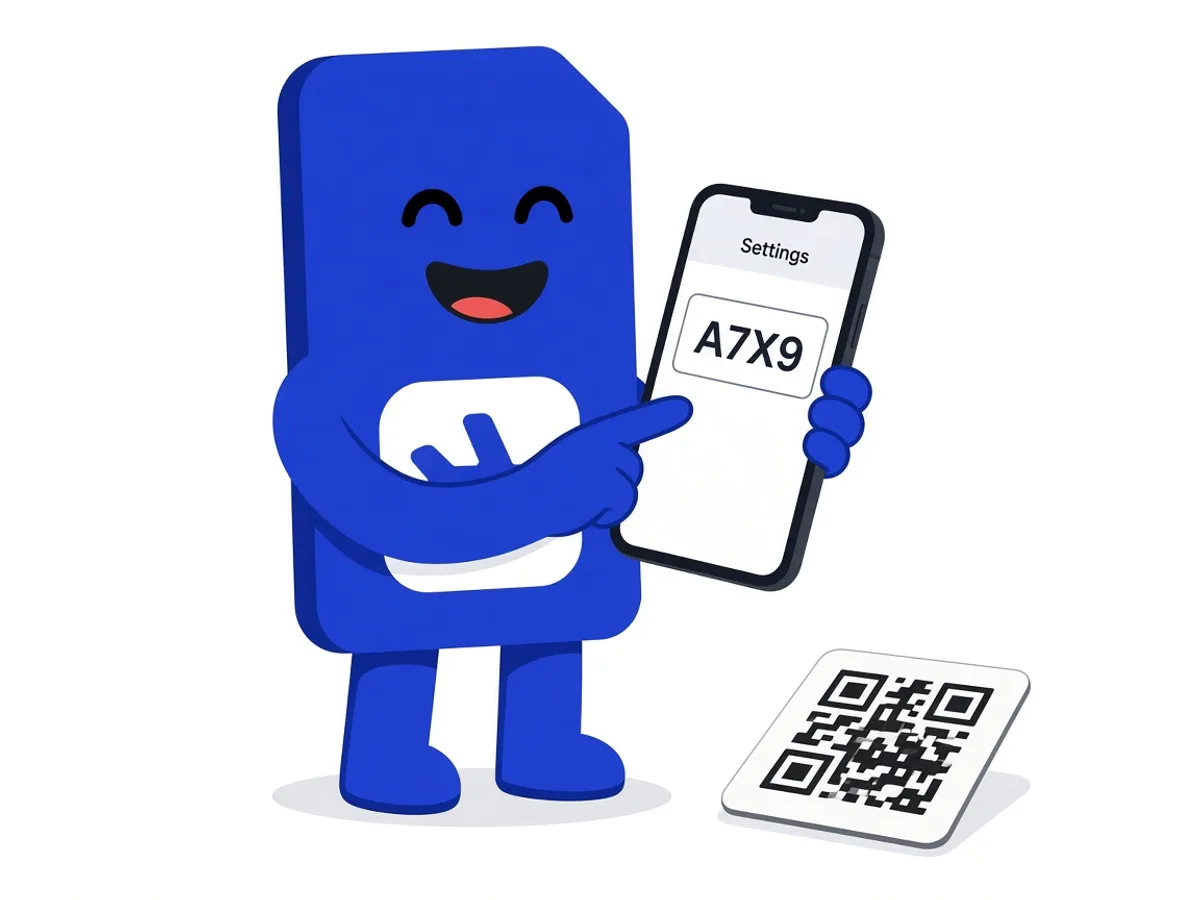 sim.do mascot types the activation code into the phone settings, with a QR card beside it.