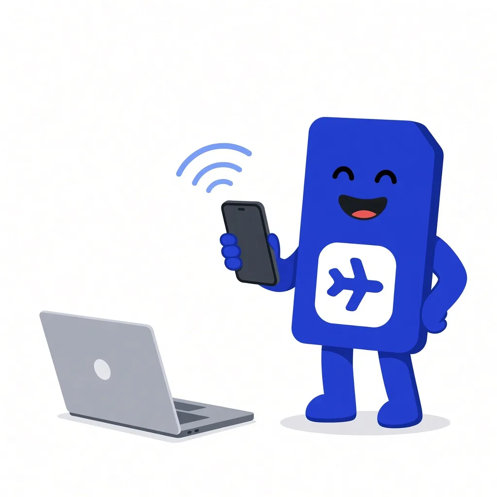 O mascote da sim.do compartilha Wi-Fi de um smartphone para um notebook.