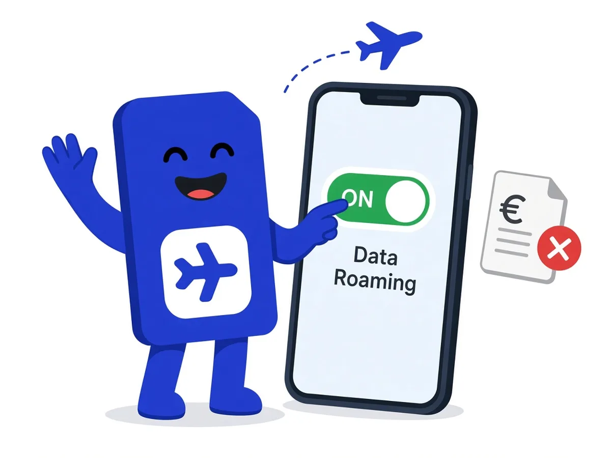 O mascote da sim.do liga o interruptor de roaming de dados do eSIM de viagem, com um avião pequeno mostrando a viagem.