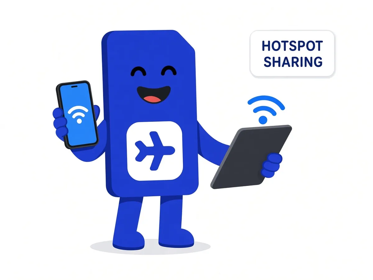 O mascote da sim.do conecta um tablet ao smartphone pelo hotspot.