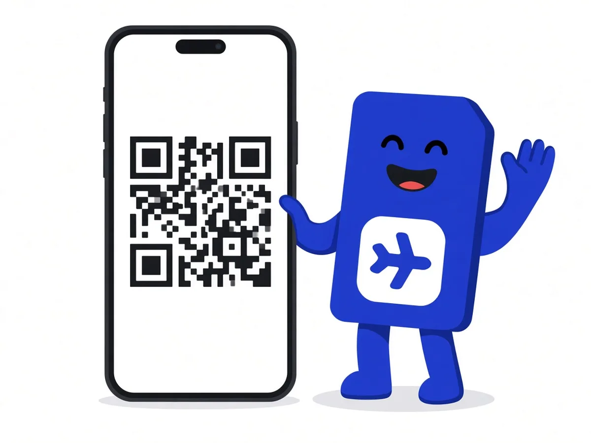 蓝色 sim.do 吉祥物站在带二维码的手机旁边,展示如何安装 eSIM。