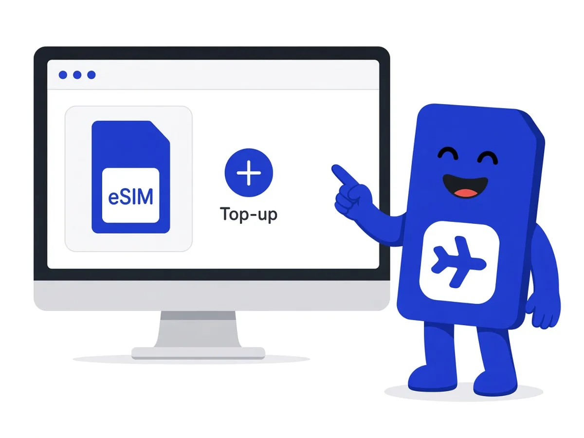 มาสคอต sim.do มองภาพรวมเรียบง่ายที่มีการ์ด eSIM และเครื่องหมายบวกสำหรับการเติมเน็ต