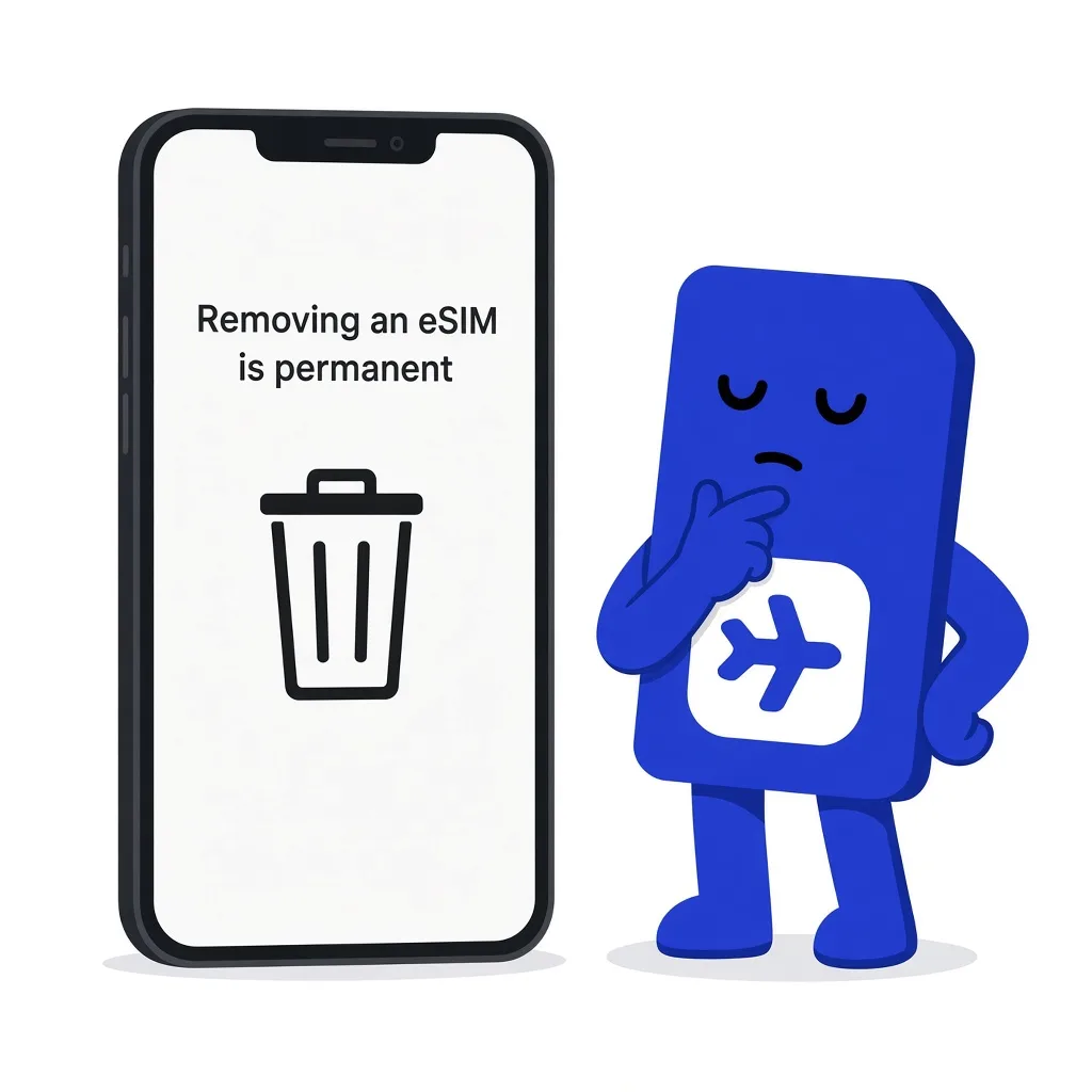 sim.do mascot pauses next to a smartphone with a delete symbol.
