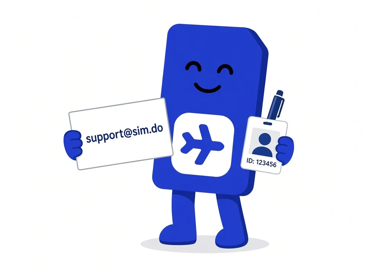 sim.do mascot writes a support email with an envelope and a small card for the order.