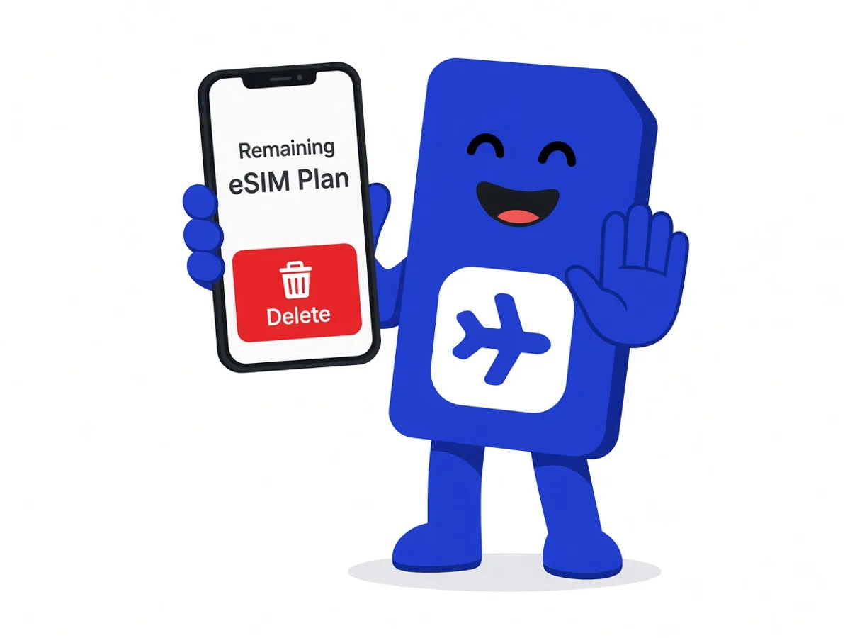 sim.do mascot holds a hand in front of a delete button on the smartphone.