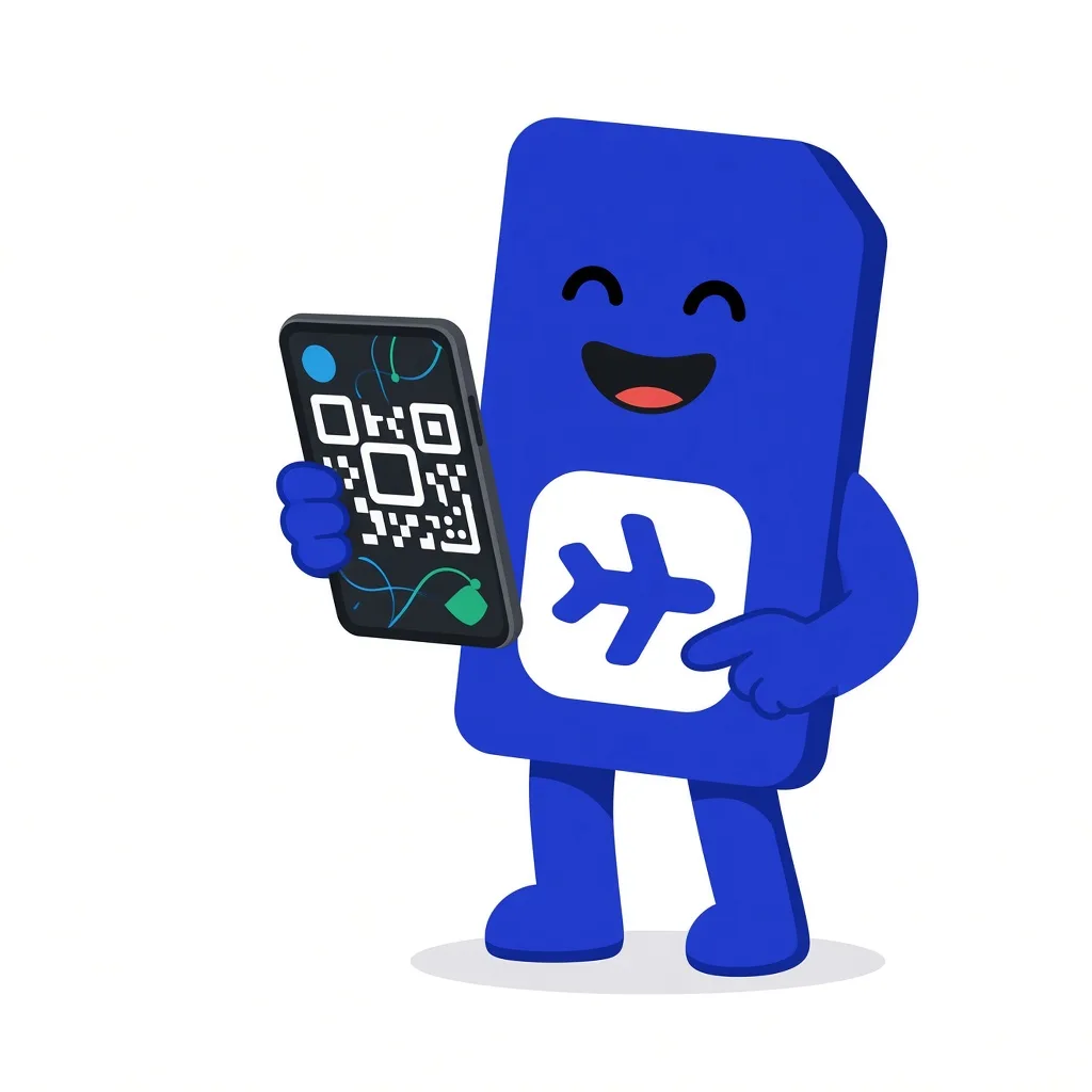 sim.do 마스코트가 스마트폰으로 QR 카드를 스캔하려 하고, 차분합니다.