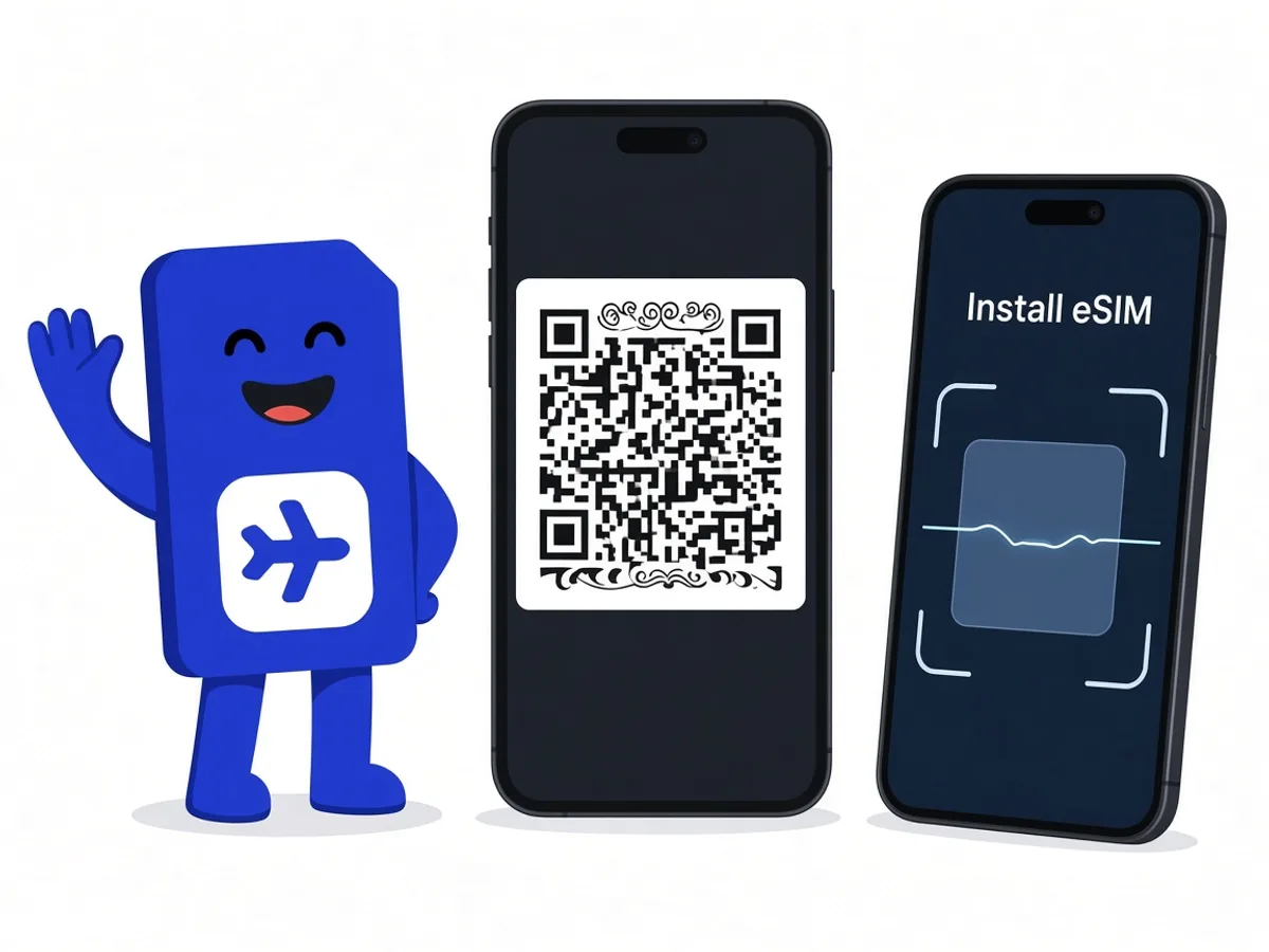 sim.do 마스코트가 QR 카드가 있는 기기를, 코드를 읽어야 하는 두 번째 스마트폰 앞에 듭니다.