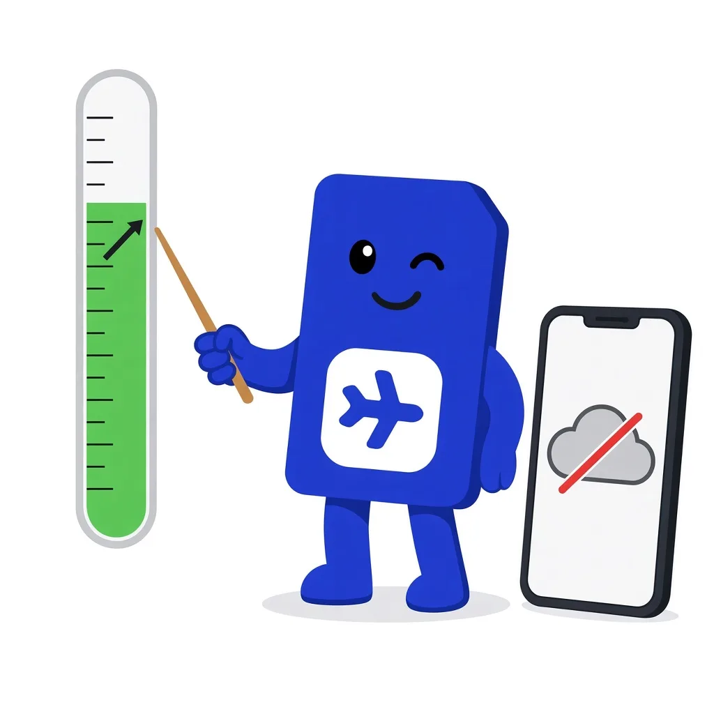 sim.do mascot sees a full data display and a disconnected cloud on the phone.