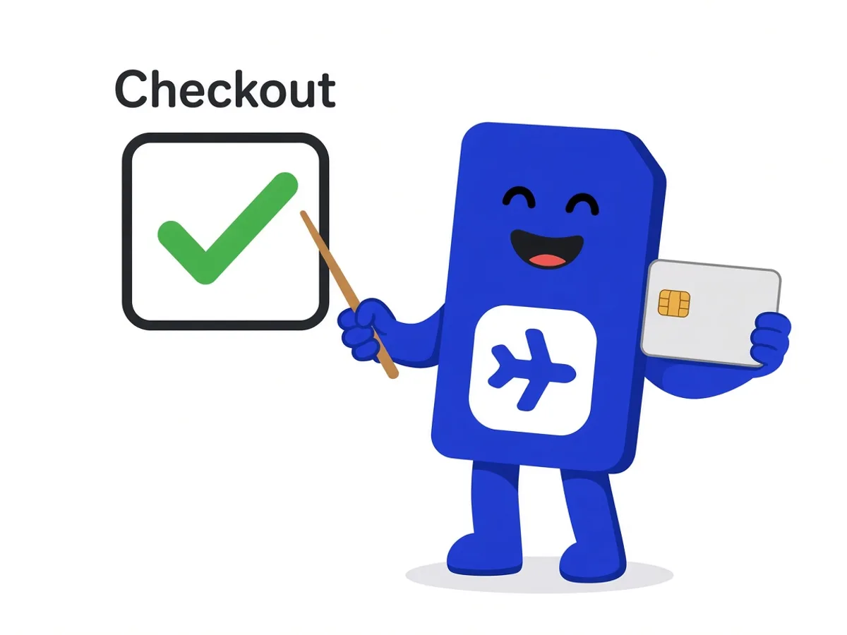 sim.do mascot confirms a check mark in the order review before the eSIM is provided.